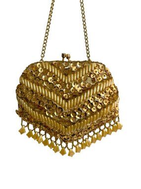 Vintage Gold Sequin Beaded Evening Bag Hong Kong Cocktail Purse Fringe Handbag